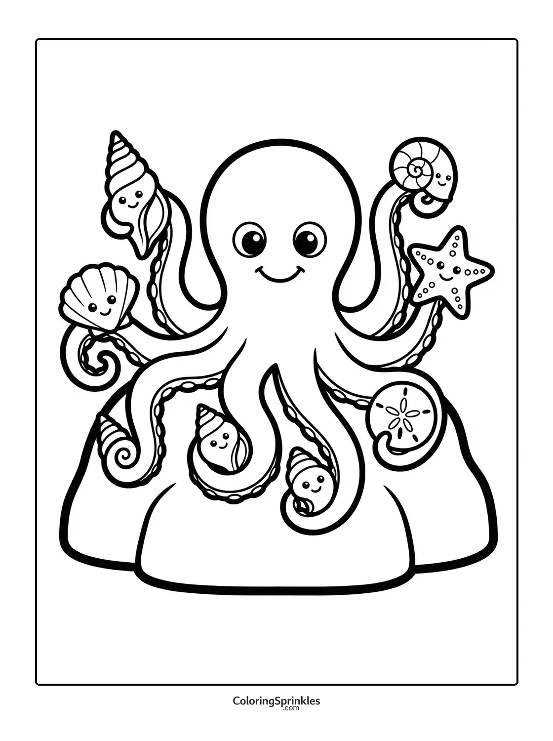 Coloring page of a happy octopus holding seashells and a starfish on sand