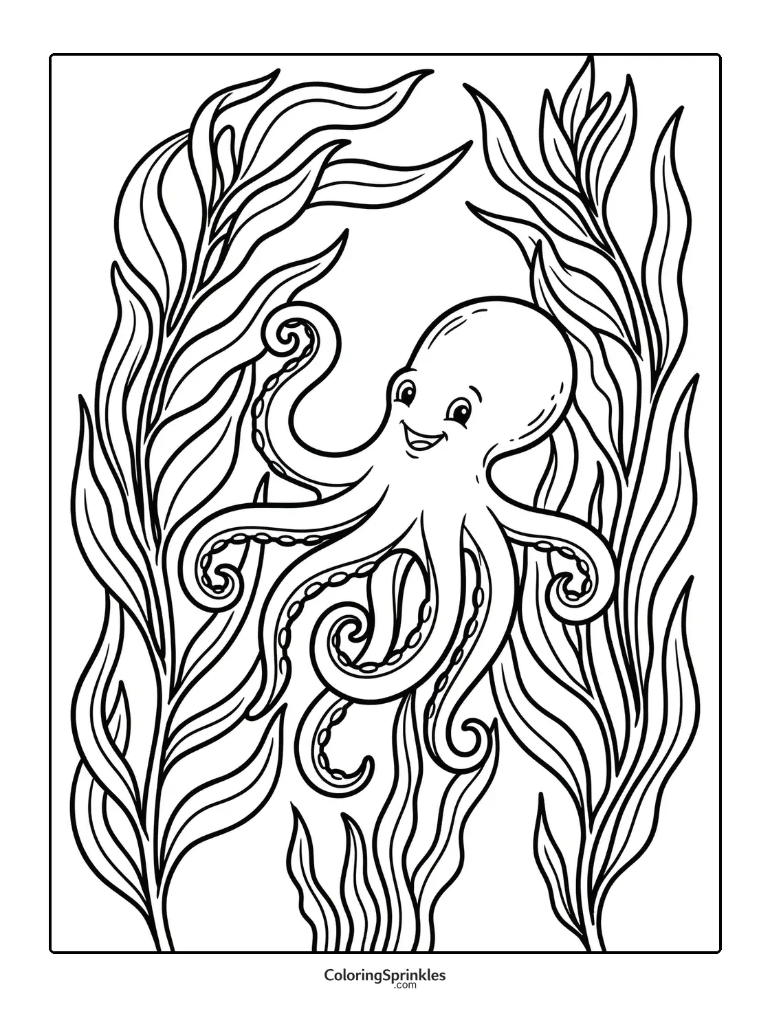 Coloring page of a happy octopus surrounded by seaweed underwater