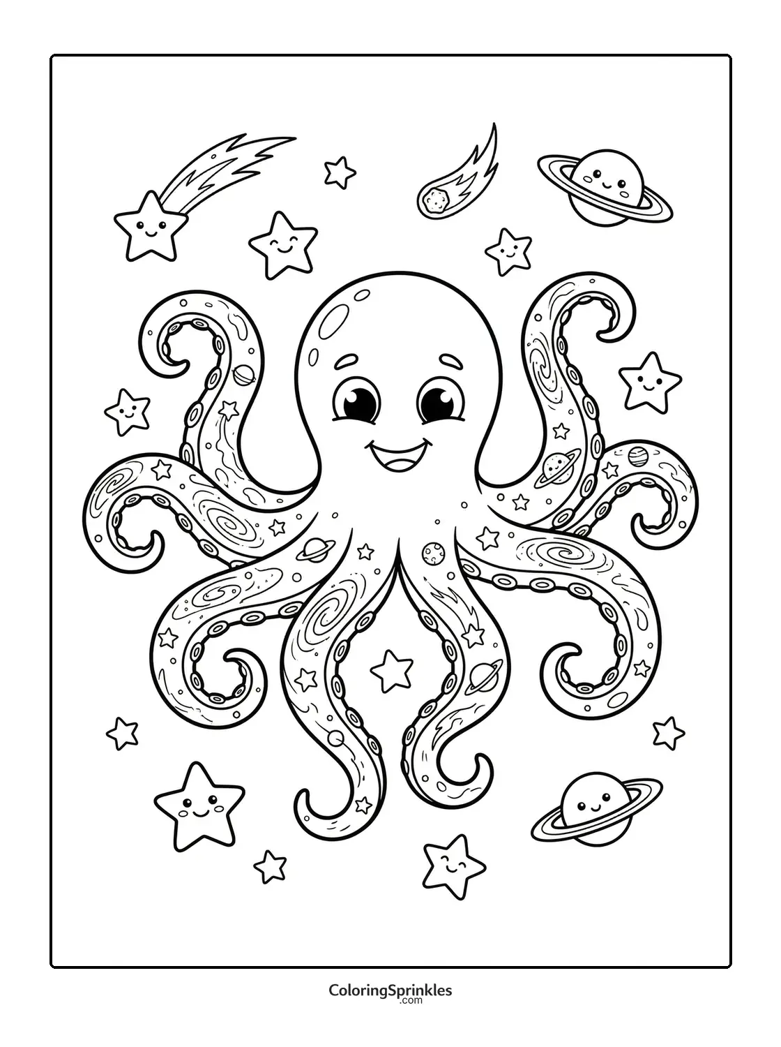 Coloring page of a happy octopus with space-themed patterns surrounded by stars and planets