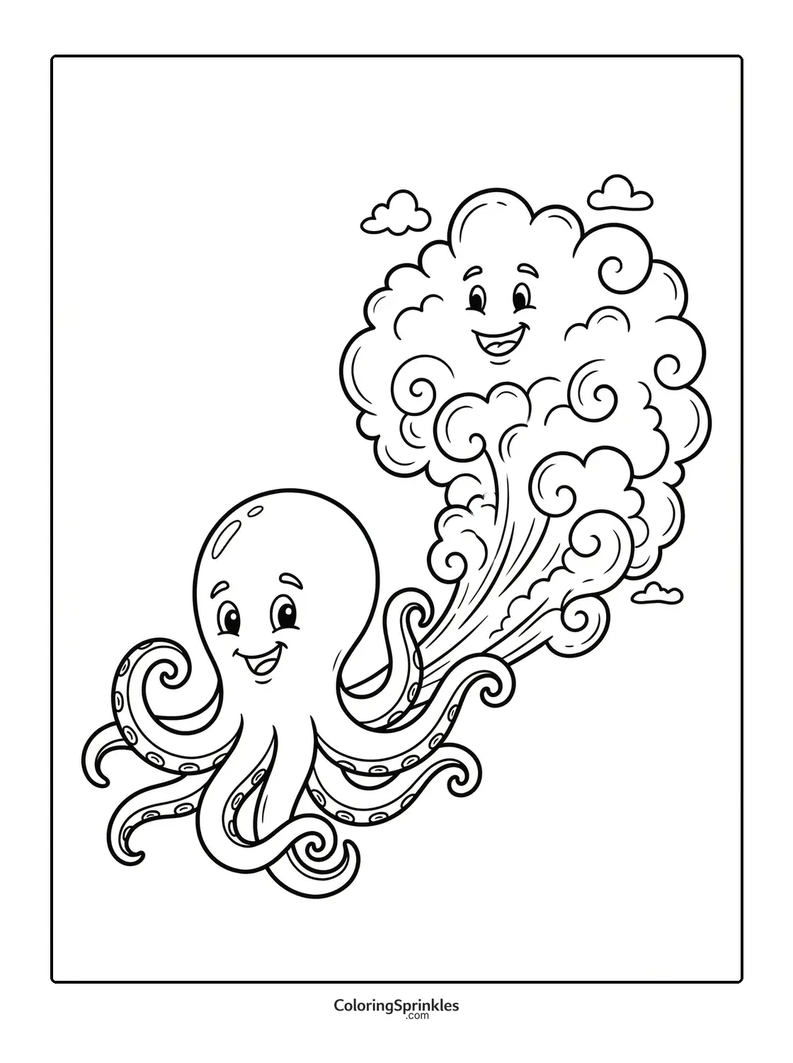 Coloring page of a happy octopus squirting an ink cloud