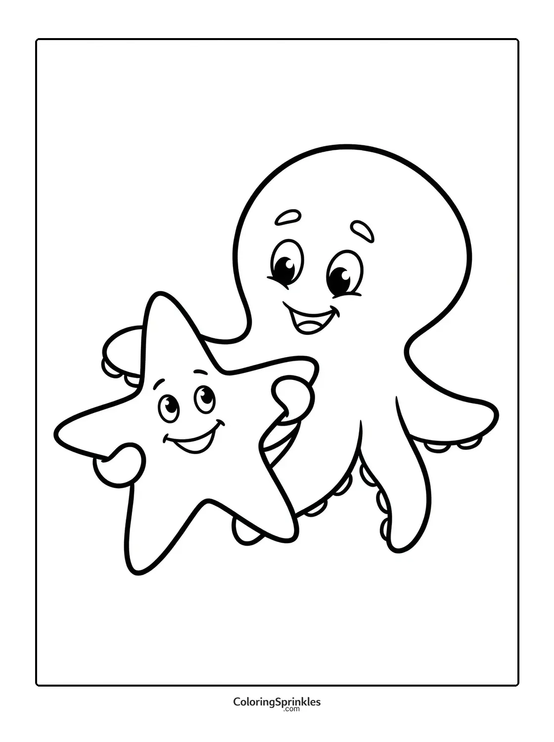 Coloring page of a smiling octopus hugging a happy starfish