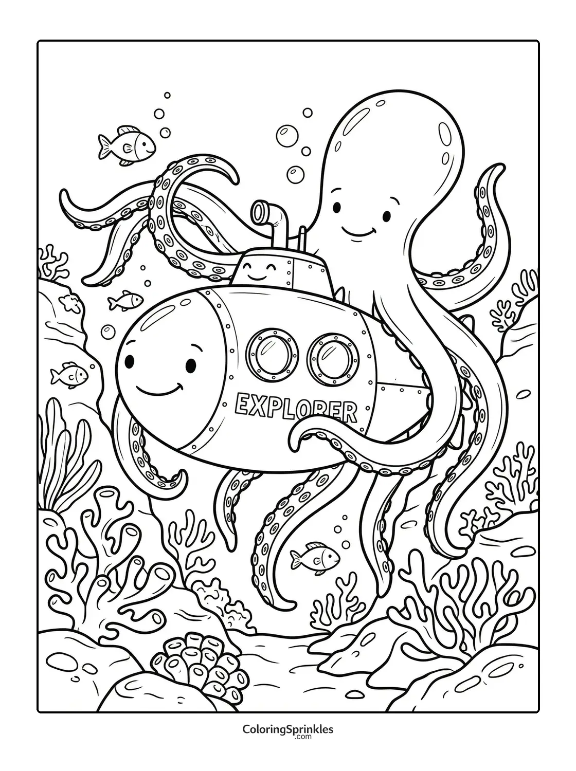 Coloring page of an octopus hugging an explorer submarine underwater