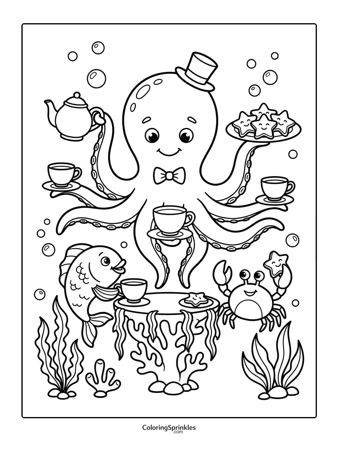 Coloring page of an octopus having a tea party underwater with a crab and a fish