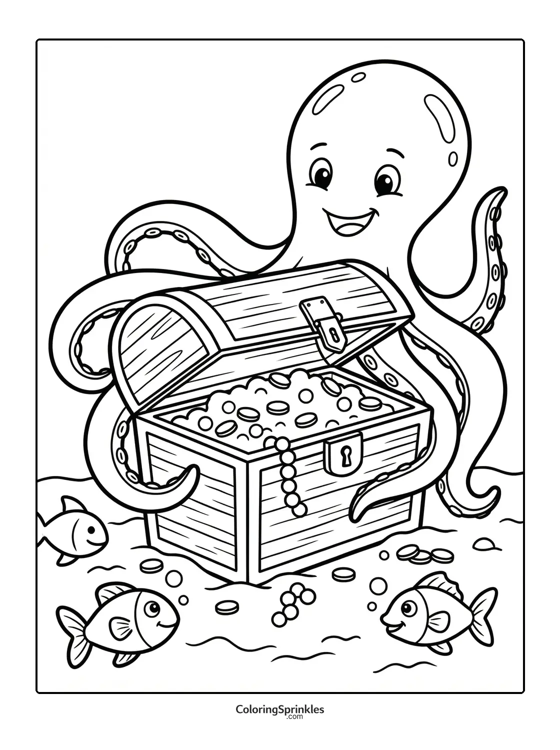 Coloring page of an octopus opening a treasure chest underwater with fish