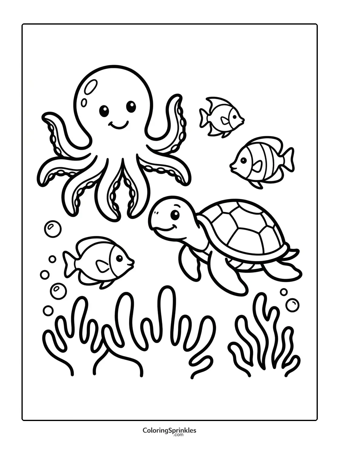 Coloring page of an octopus, turtle, and fish underwater with coral