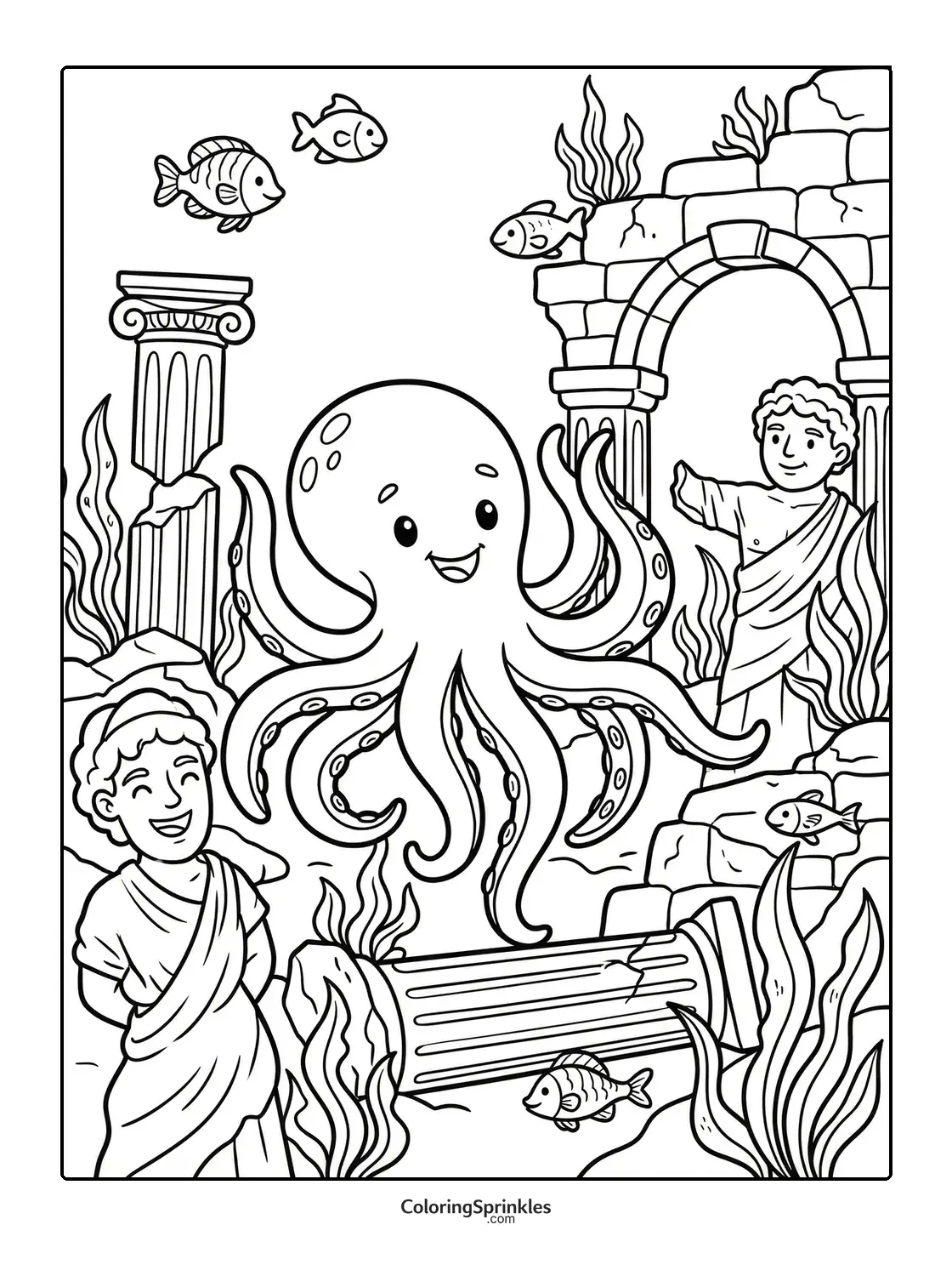 Coloring page of a happy octopus underwater among ruins with fish and statues