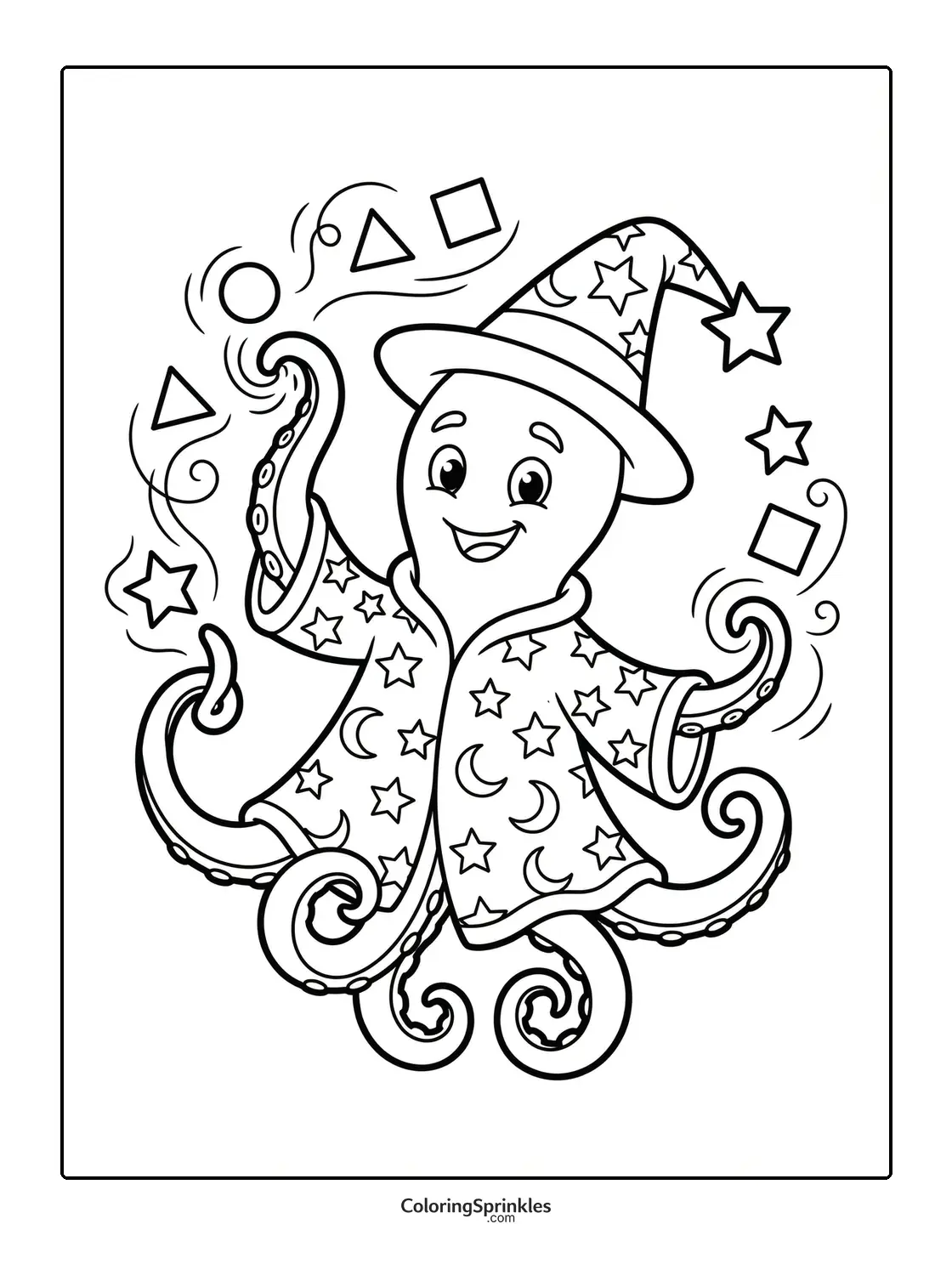 Coloring page of an octopus wizard wearing a magic hat and robe with stars and moons