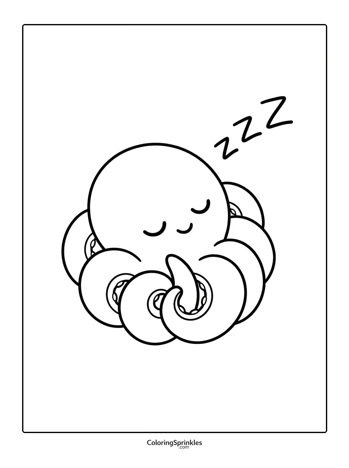 Coloring page of a sleeping octopus with zzz