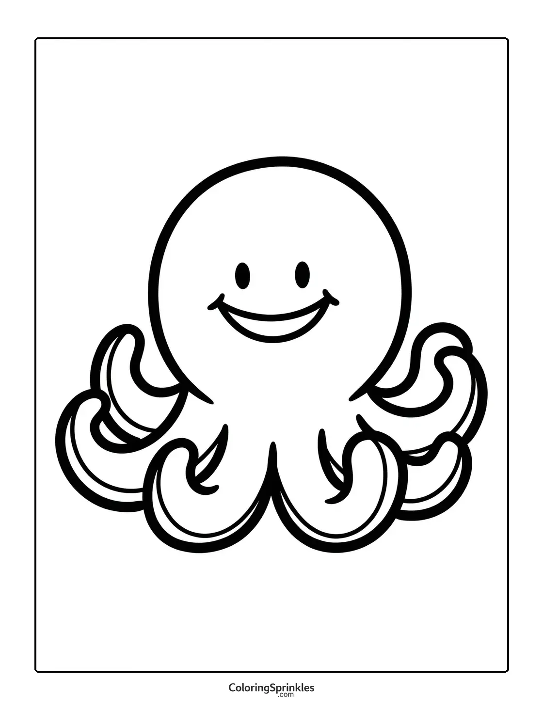 Coloring page of a smiling octopus with curled tentacles