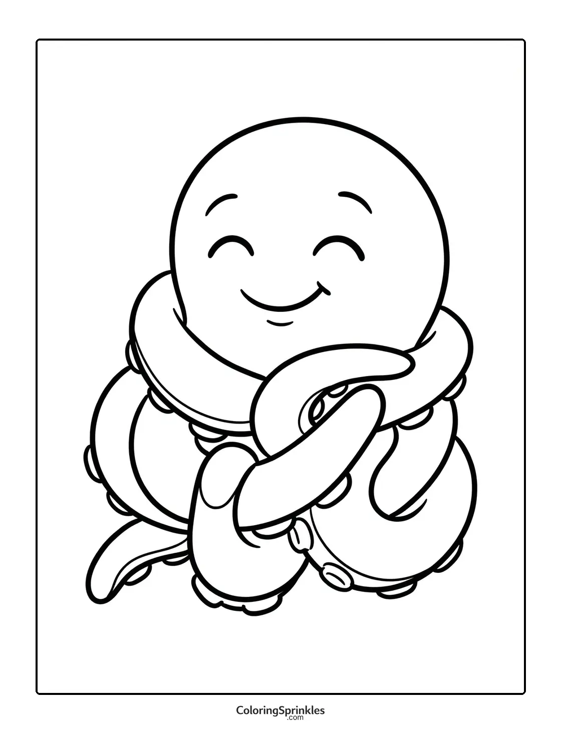 Coloring page of a smiling octopus with curled tentacles