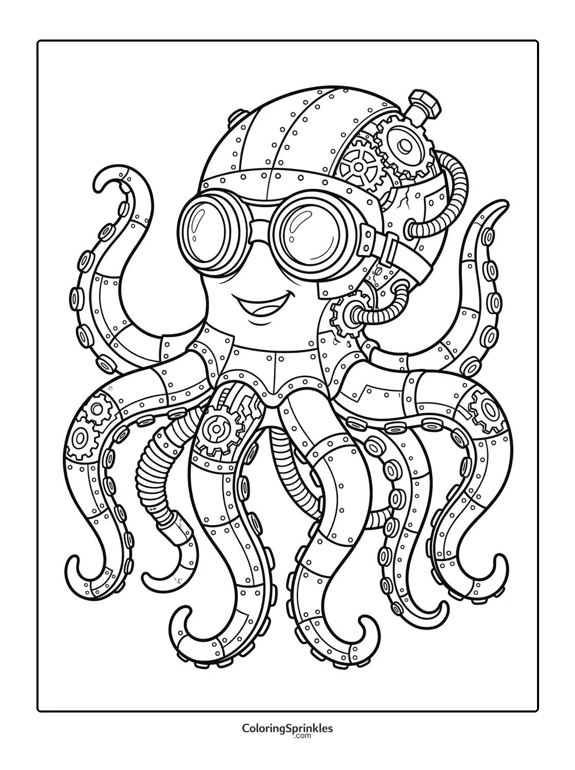 Coloring page of a steampunk octopus with gears and goggles
