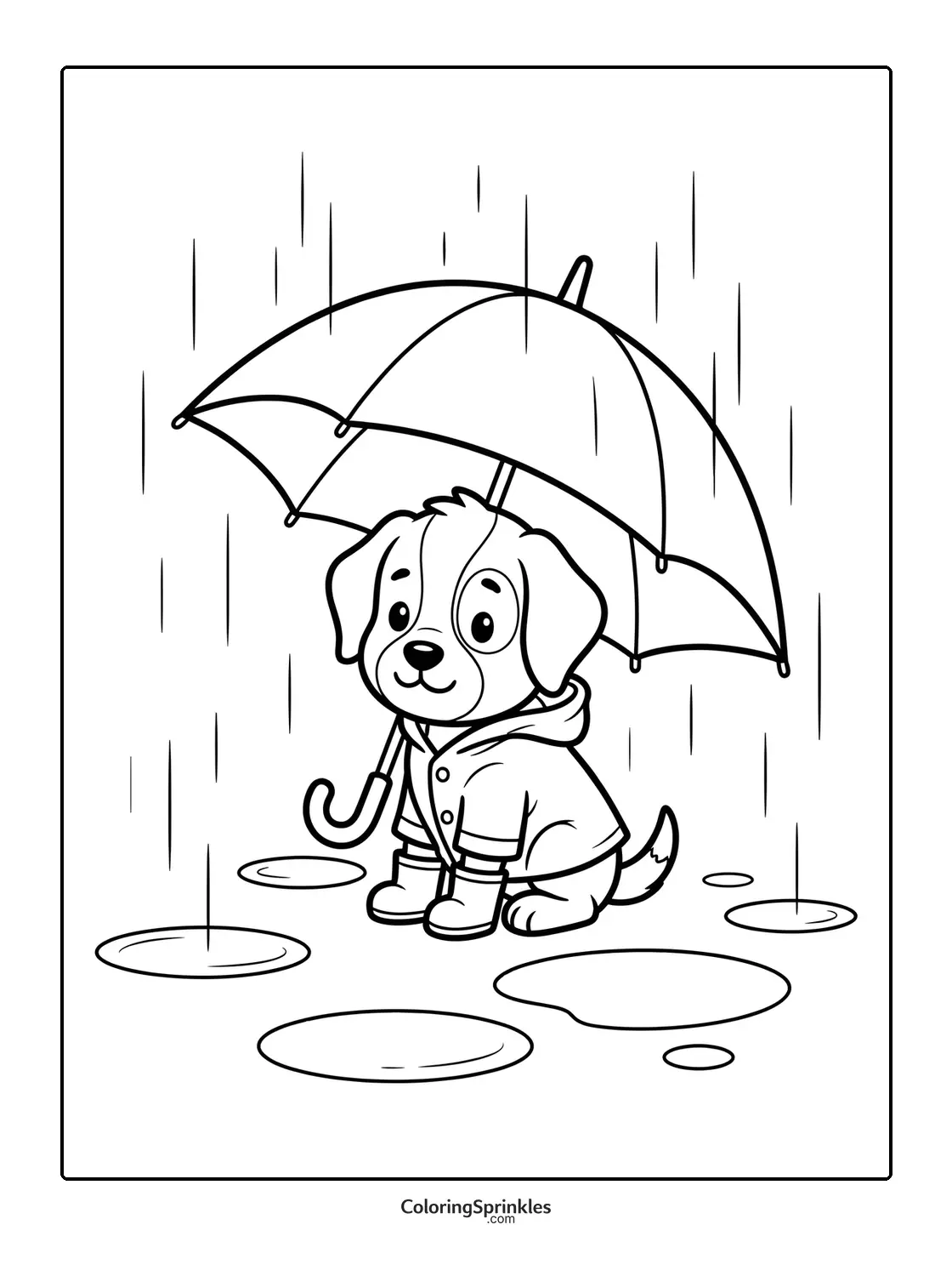 Coloring page of a puppy wearing a raincoat holding an umbrella in the rain