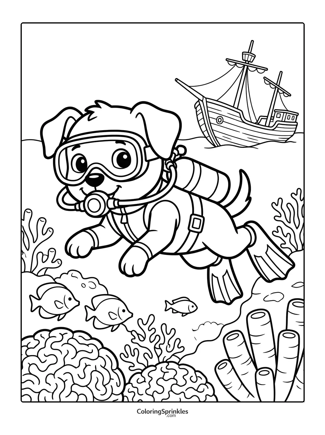 Coloring page of a puppy scuba diving near a shipwreck with fish and coral