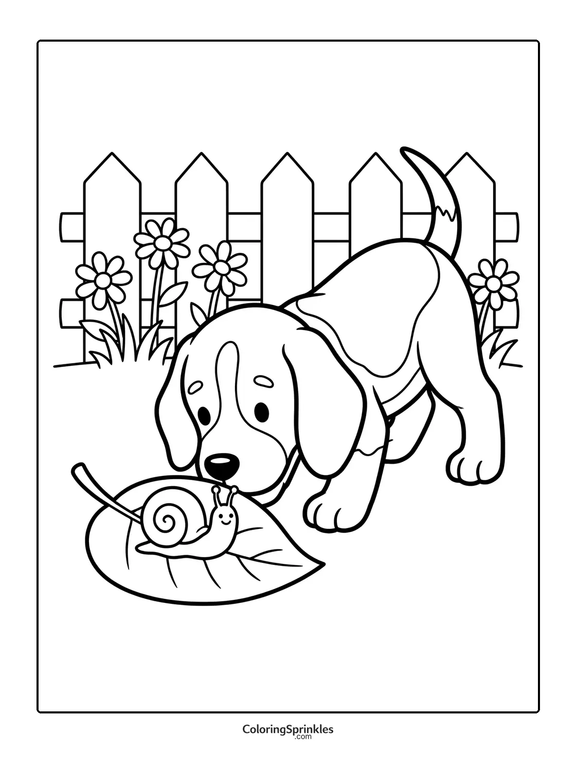 Coloring page of a puppy sniffing a snail on a leaf near a fence with flowers