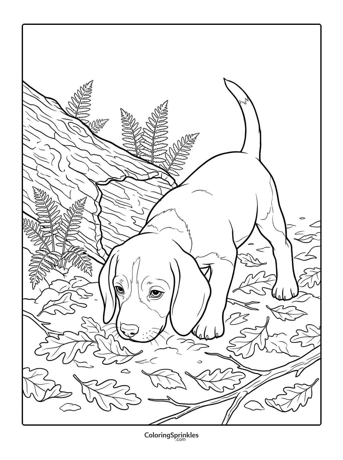 Coloring page of a puppy sniffing leaves near a log in the forest