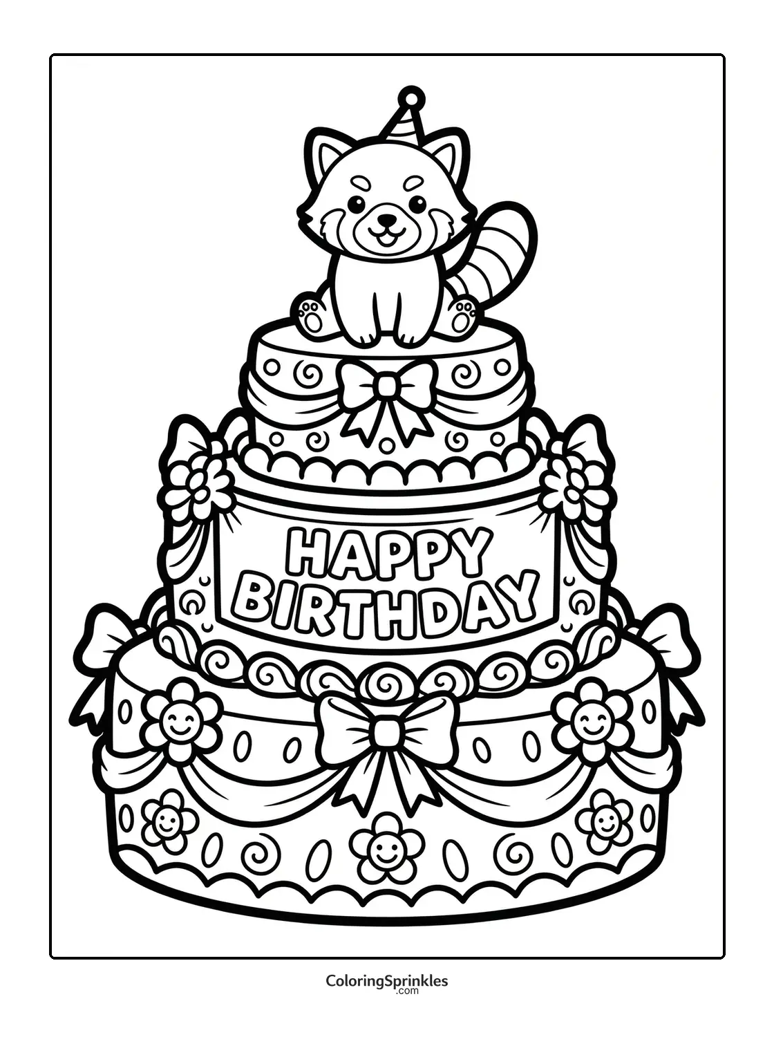 Coloring page of a red panda sitting on a decorated birthday cake wearing a party hat