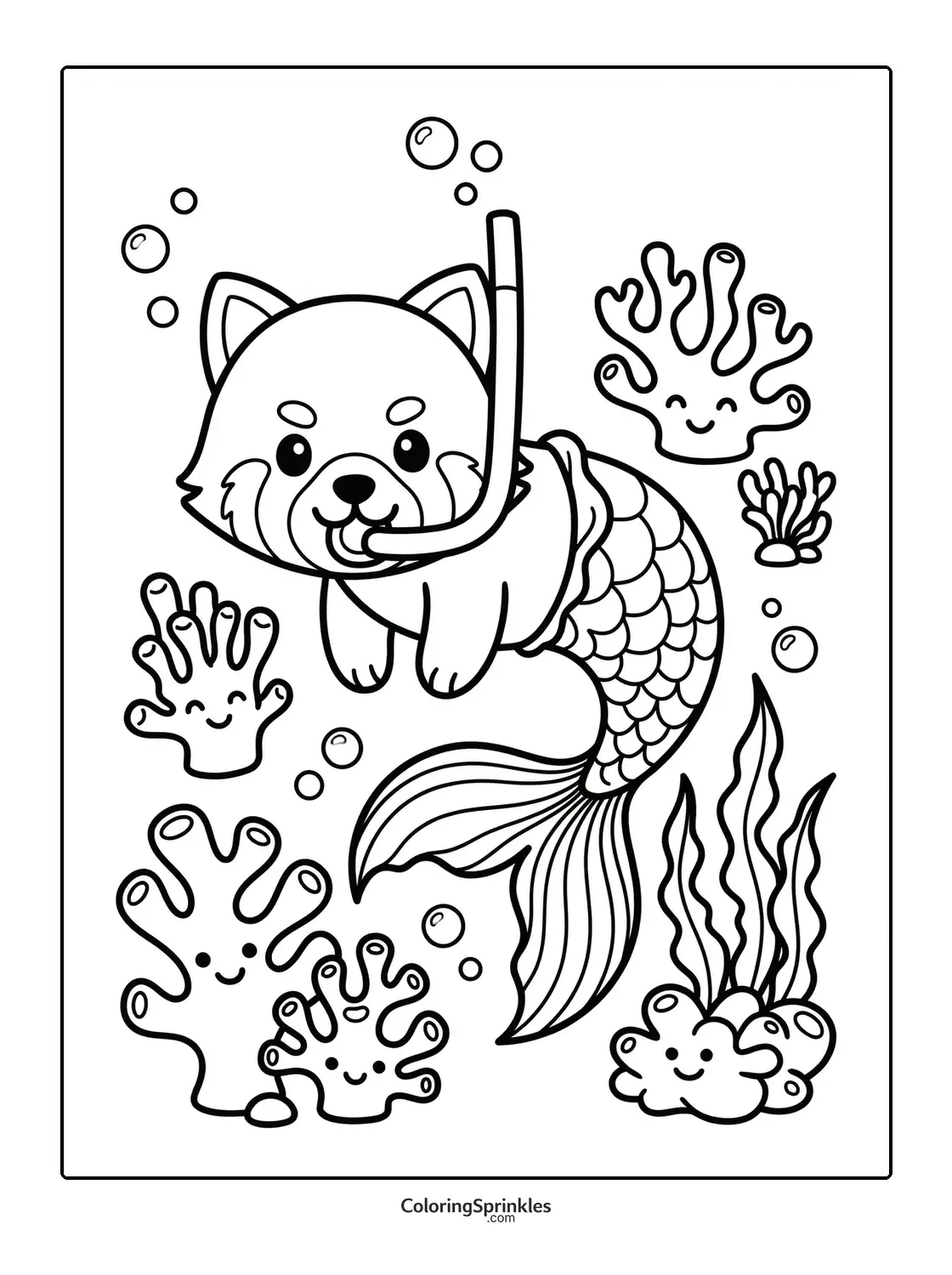 Coloring page of a red panda mermaid with a snorkel underwater with coral