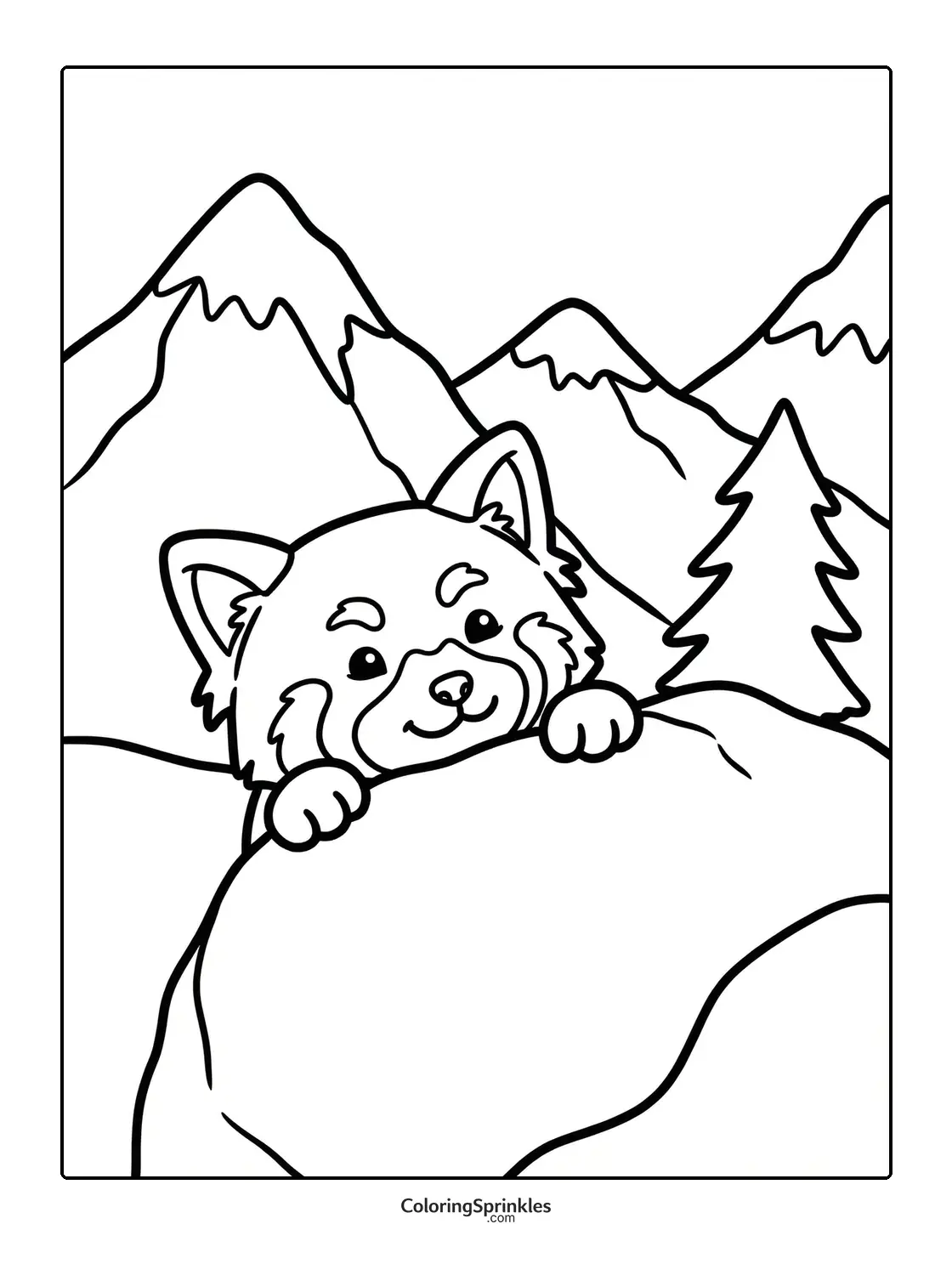 Coloring page of a red panda peeking over a rock with mountains and a tree in the background