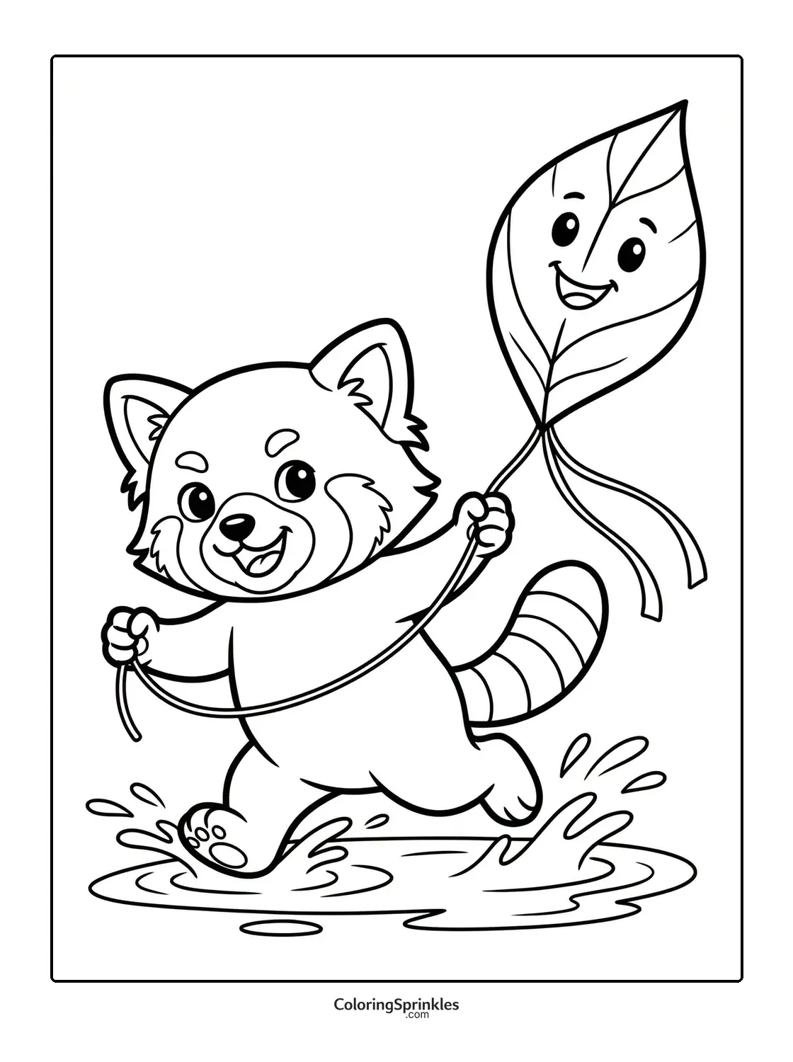 Coloring page of a red panda playing with a smiling leaf kite in a puddle