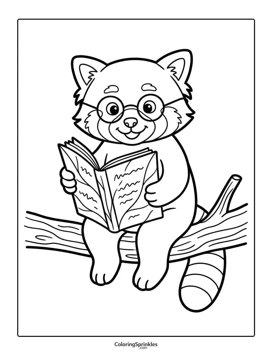 Coloring page of a red panda reading a book while sitting on a tree branch