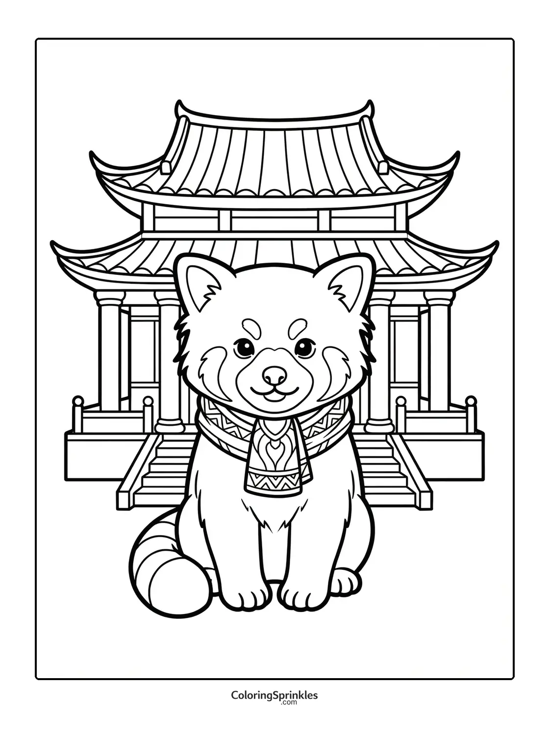 Coloring page of a red panda sitting in front of an Asian temple wearing a scarf
