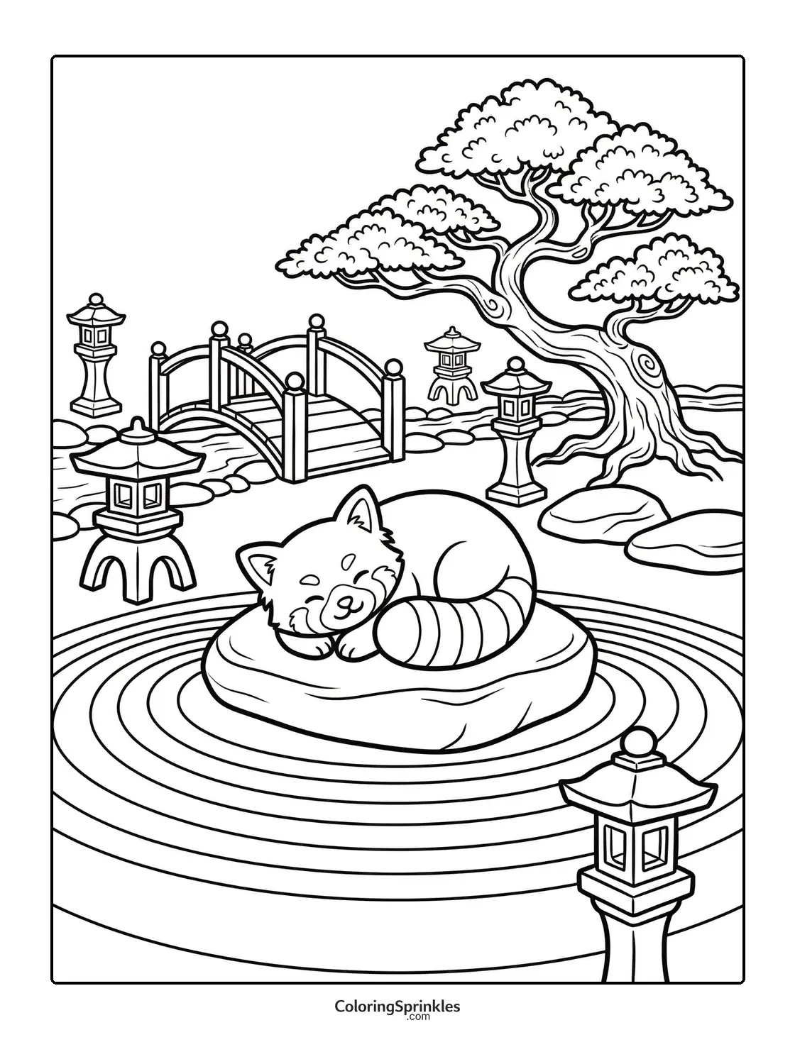 Coloring page of a red panda sleeping on a rock in a Japanese garden with a bridge and tree