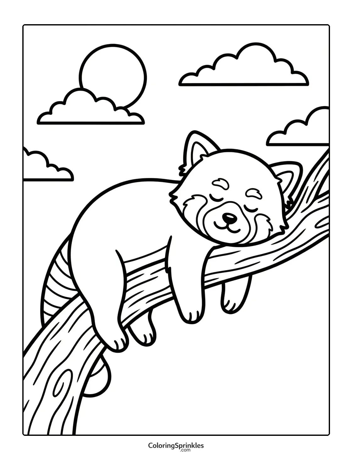 Coloring page of a red panda sleeping on a tree branch with clouds