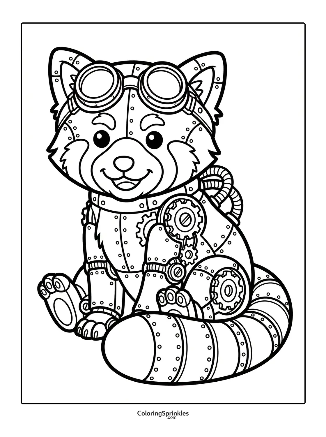 Coloring page of a red panda with steampunk goggles and mechanical gears