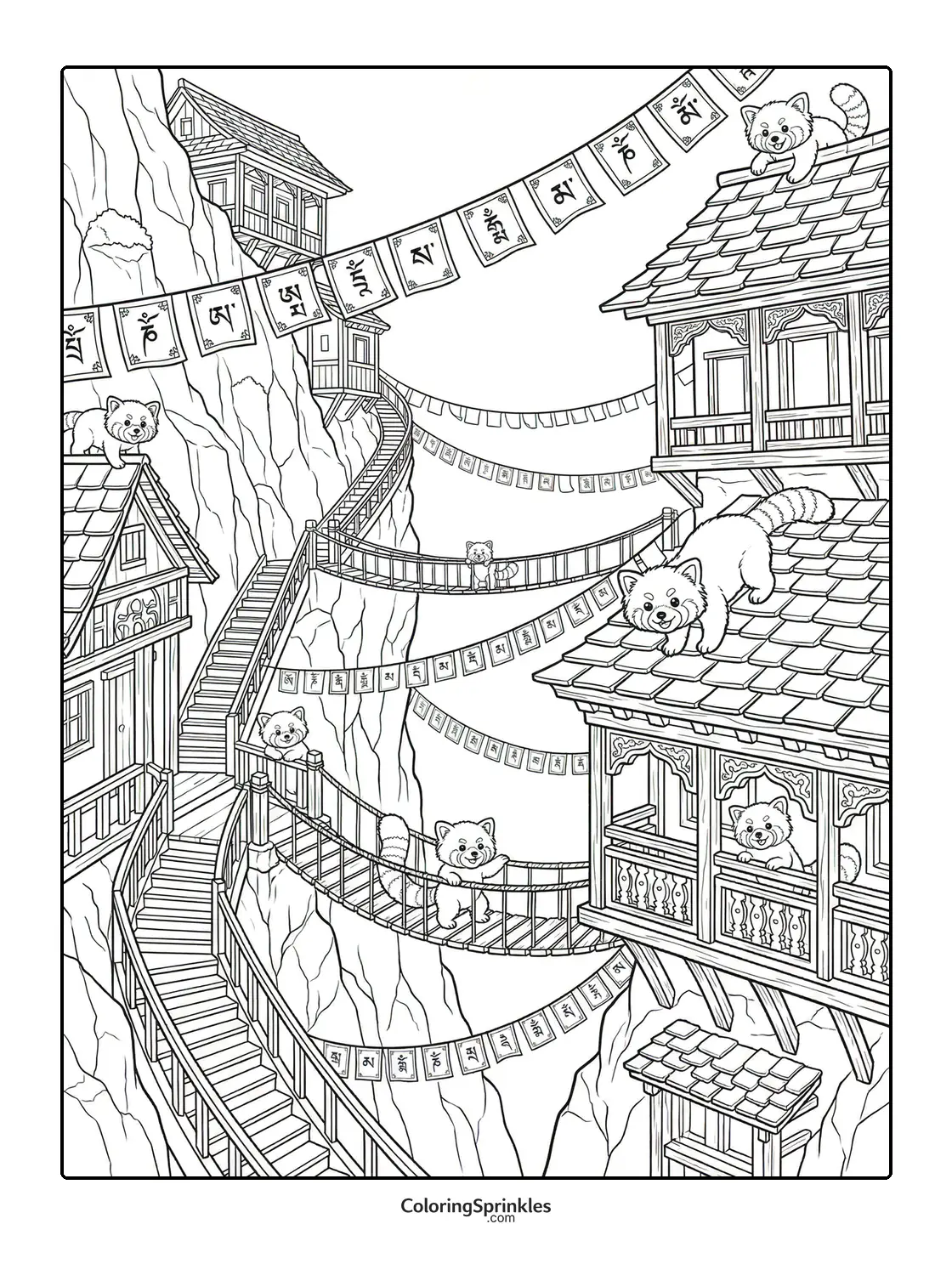 Coloring page of red pandas playing on mountain bridges and traditional houses with prayer flags