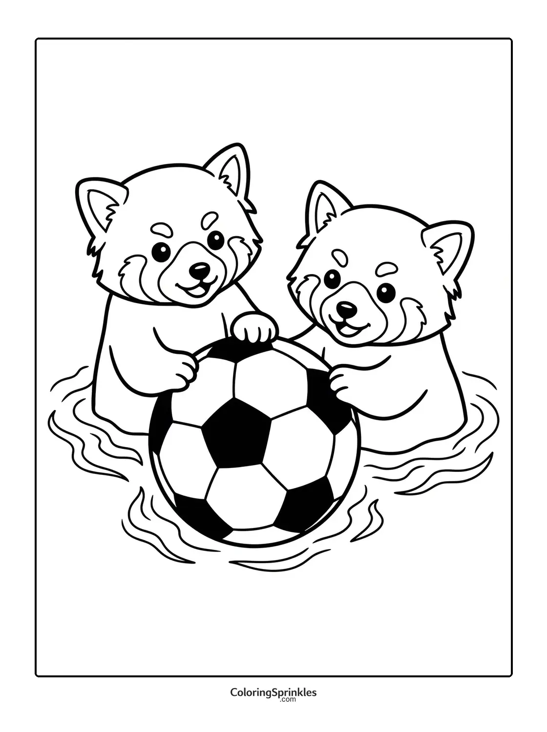 Coloring page of two red pandas playing with a soccer ball in water