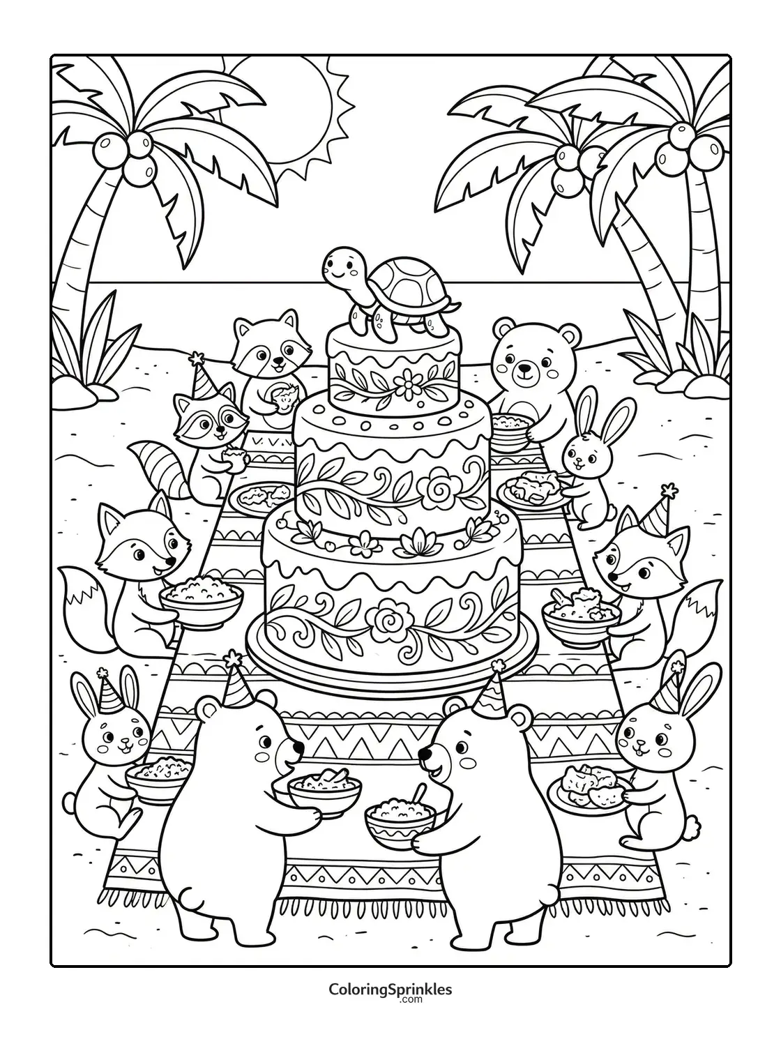 Coloring page of an animal birthday party with a large cake and a turtle on top