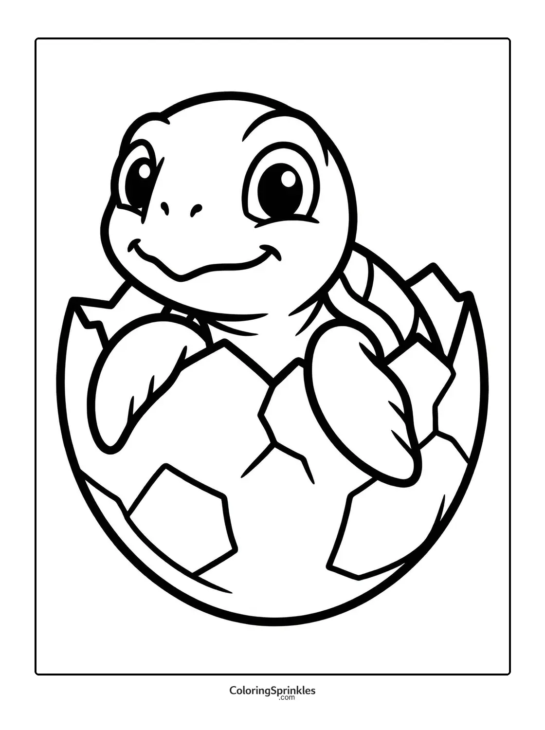Coloring page of a baby turtle hatching from an egg