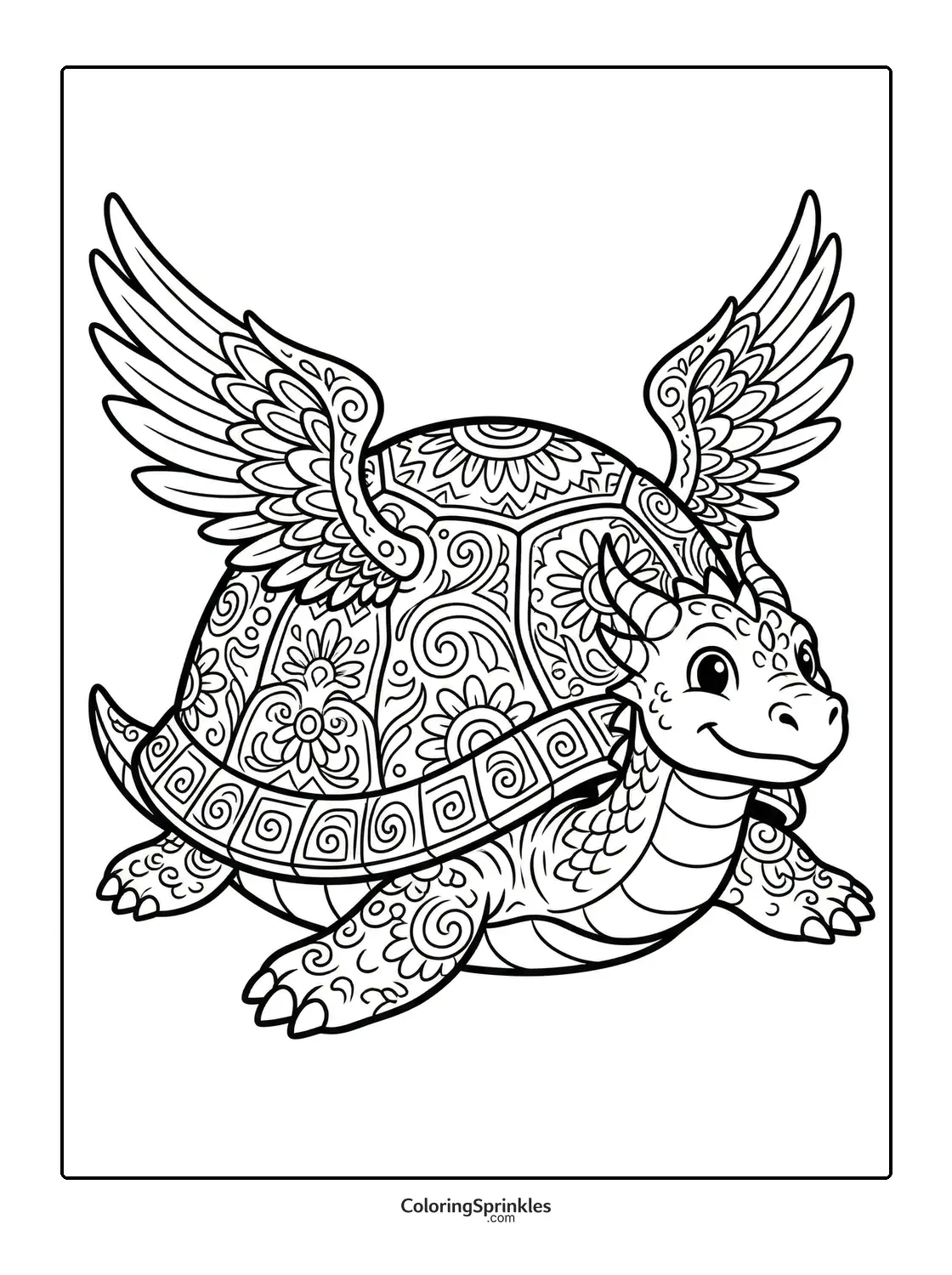 Coloring page of a flying turtle with dragon features and decorative patterns