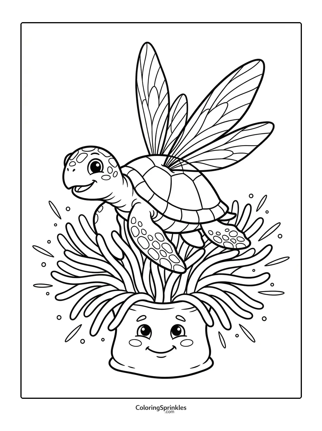 Coloring page of a flying turtle with insect wings above a happy plant