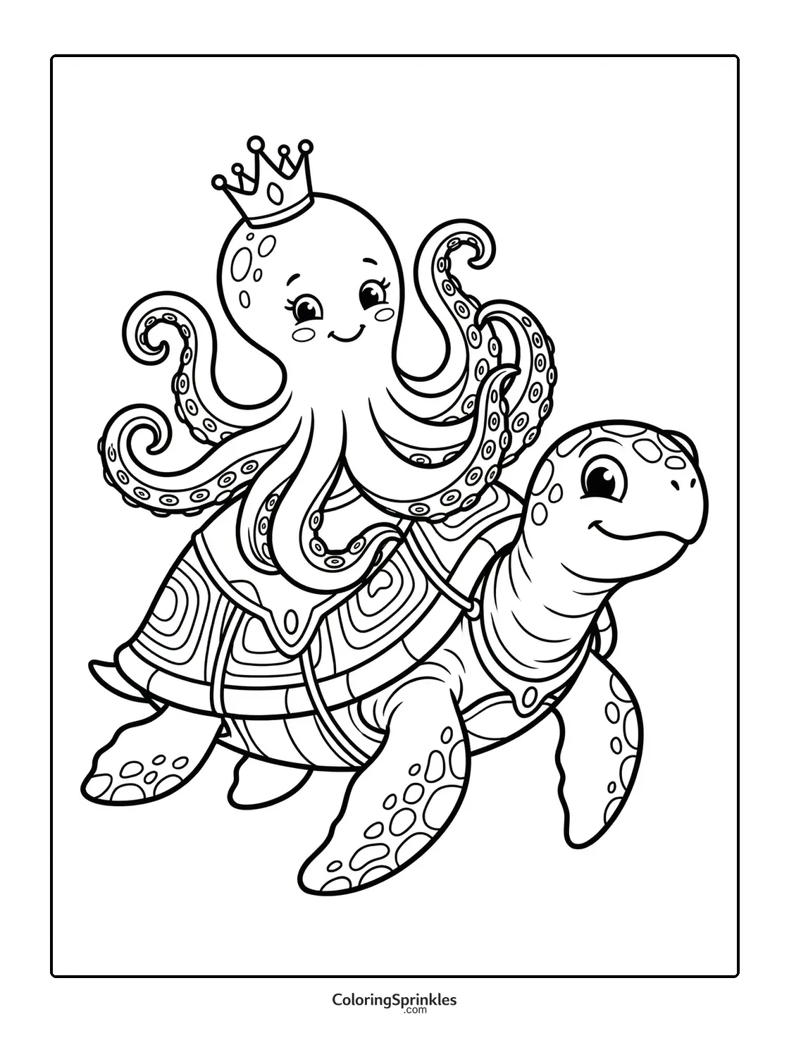 Coloring page of an octopus wearing a crown riding a sea turtle