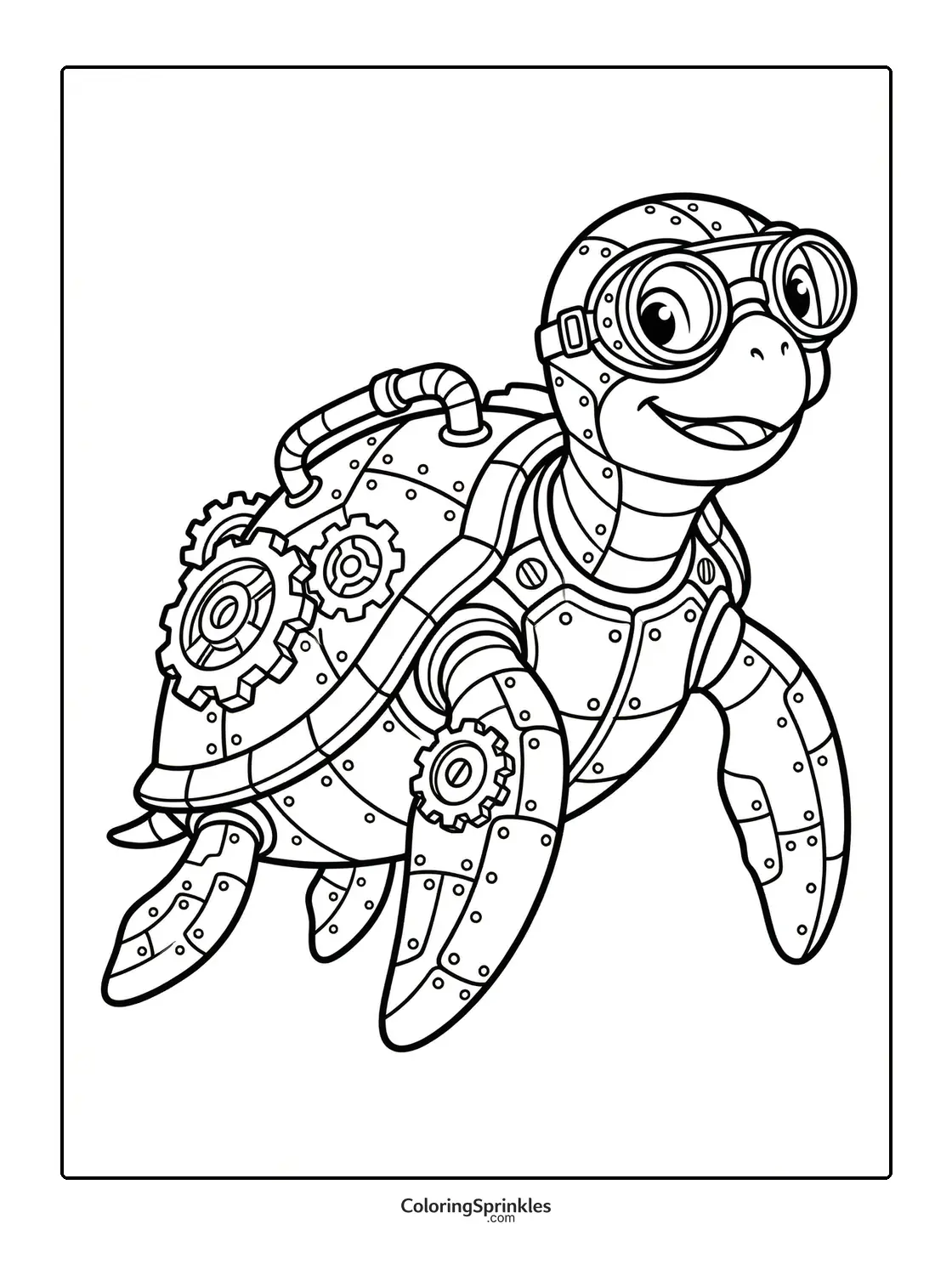 Coloring page of a robotic turtle with gears and goggles
