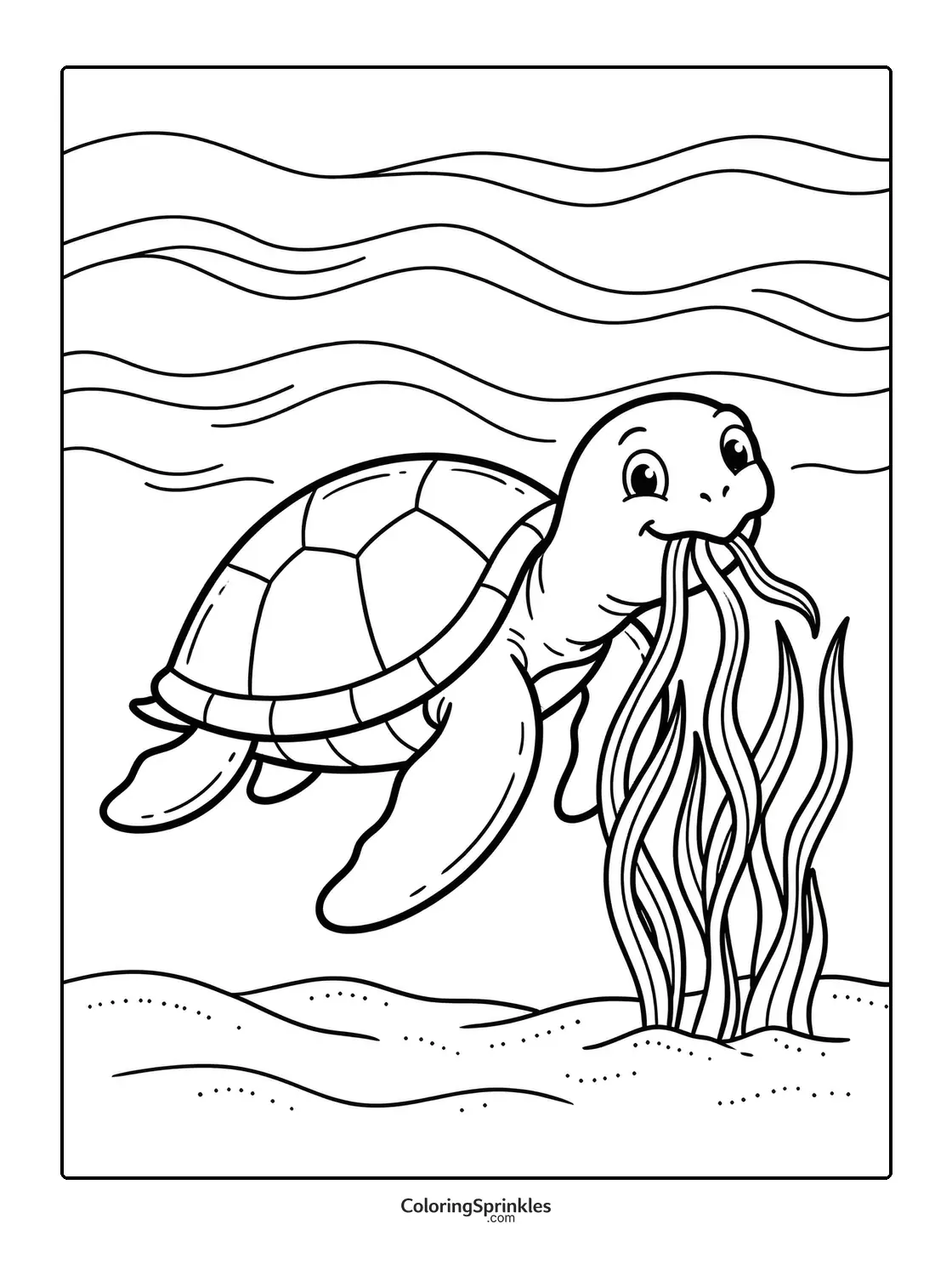 Coloring page of a sea turtle eating seaweed underwater
