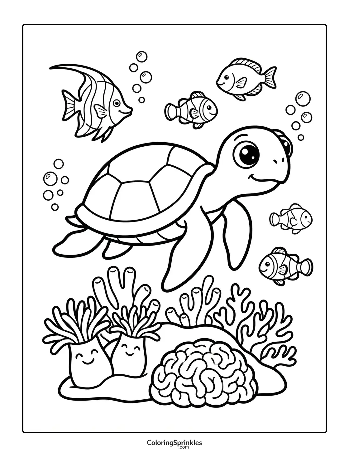 Coloring page of a sea turtle swimming with fish over a coral reef underwater