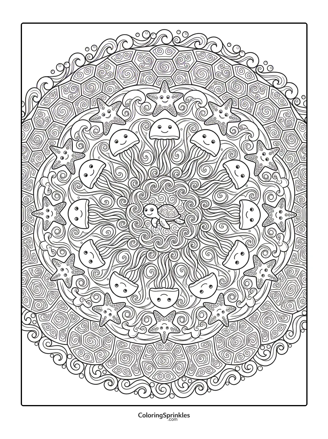 Coloring page of a sea turtle surrounded by jellyfish and starfish in a mandala pattern