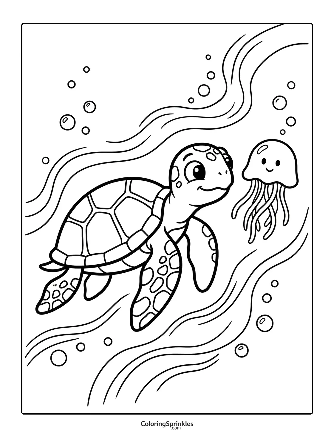 Coloring page of a sea turtle swimming underwater with a jellyfish and bubbles