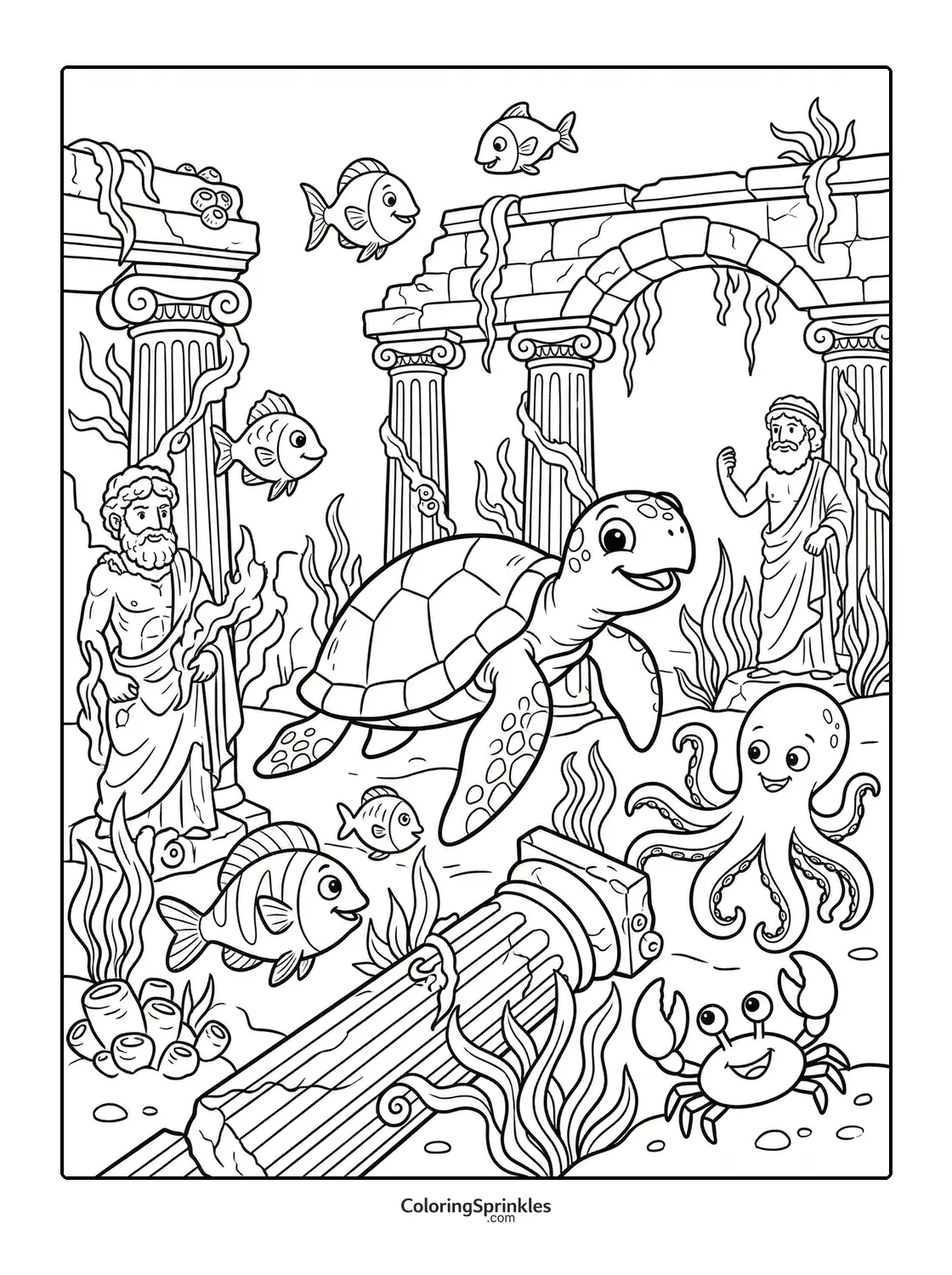 Coloring page of a sea turtle, octopus, crab and fish swimming among ancient ruins