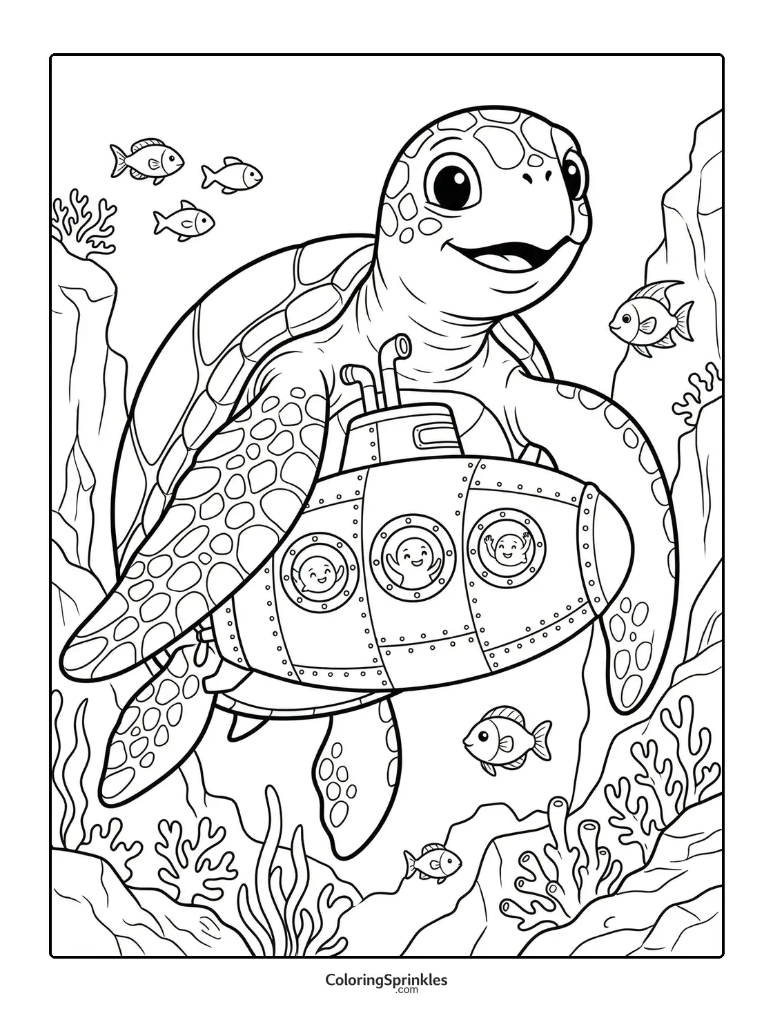 Coloring page of a sea turtle carrying a submarine underwater with fish and coral