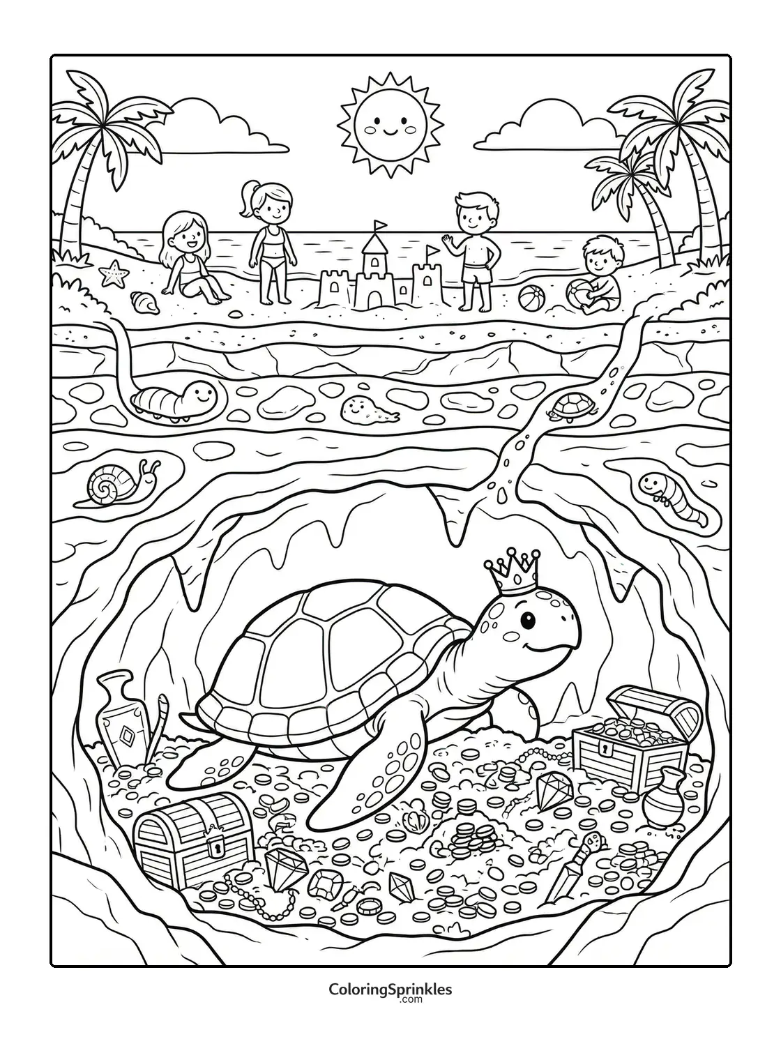 Coloring page of a sea turtle with a crown in a treasure cave beneath a beach with children