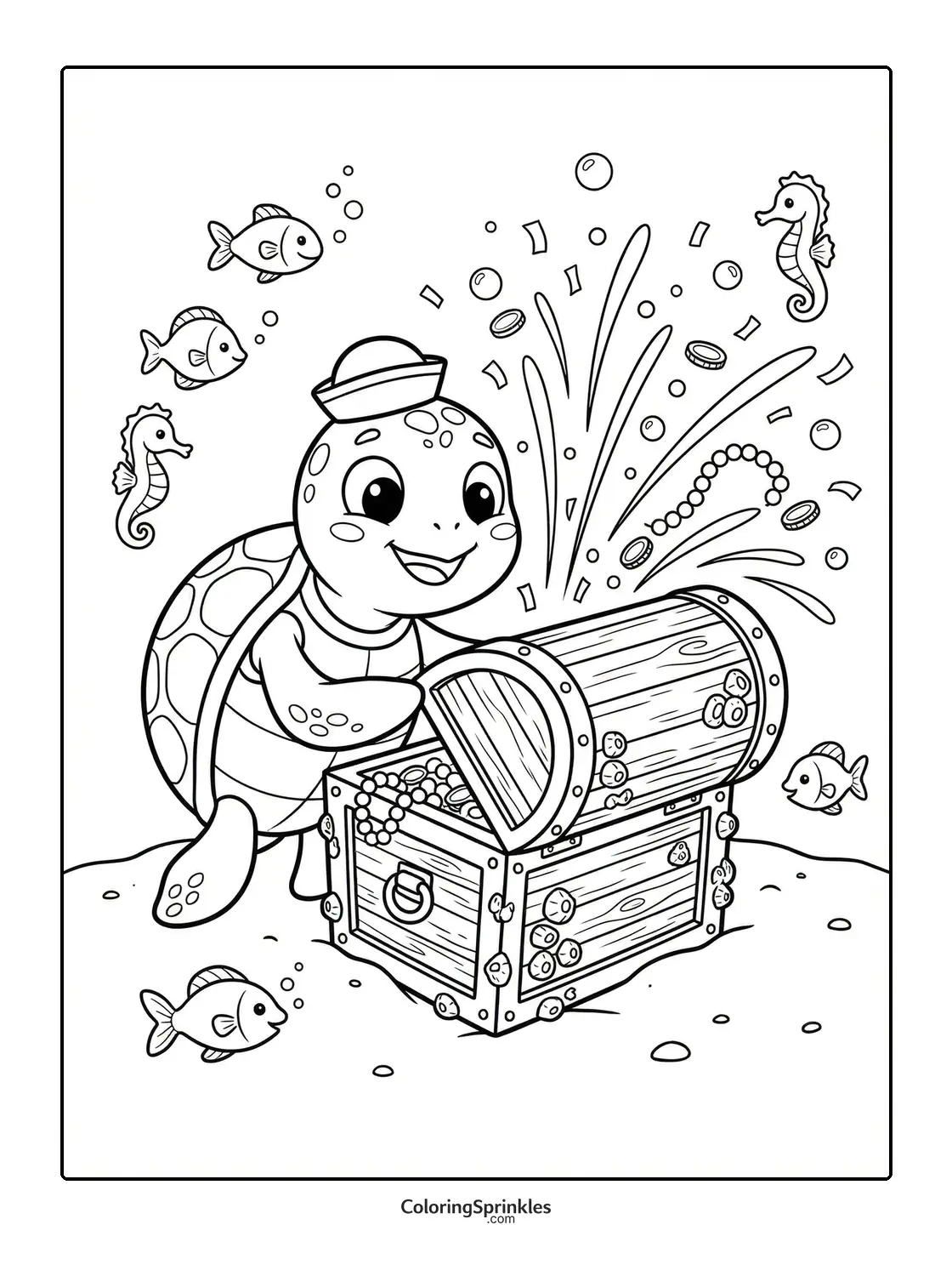 Coloring page of a sea turtle opening a treasure chest underwater