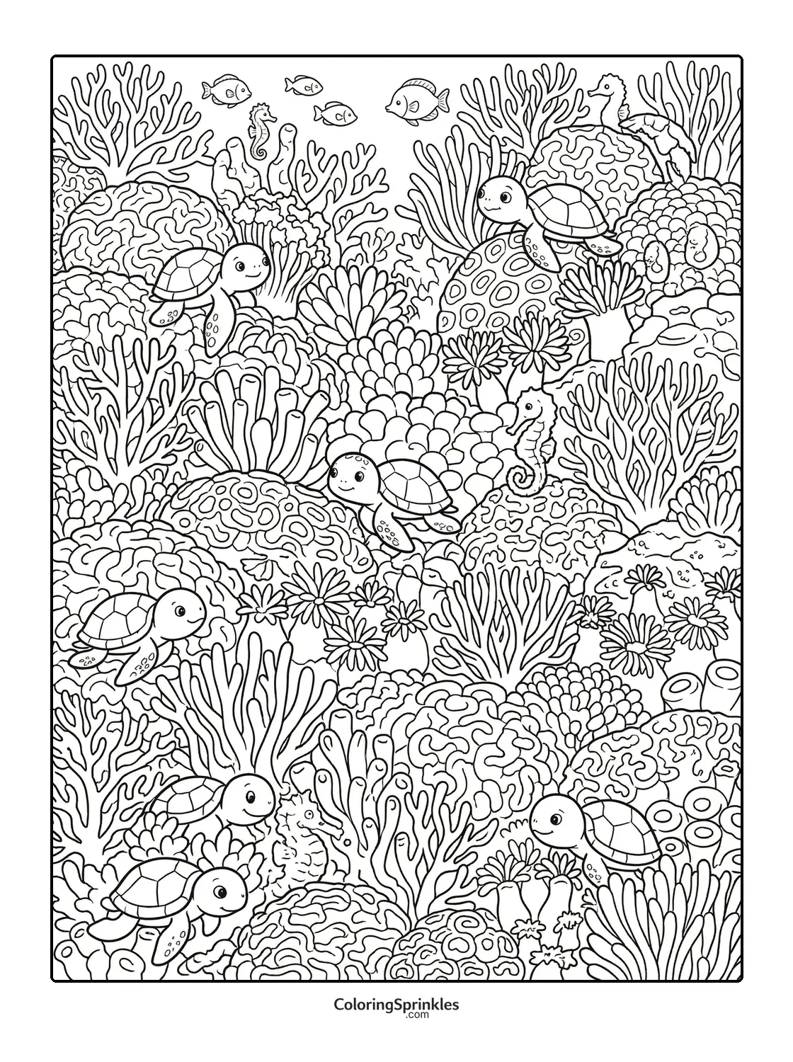 Coloring page of sea turtles swimming in a coral reef with seahorses and fish