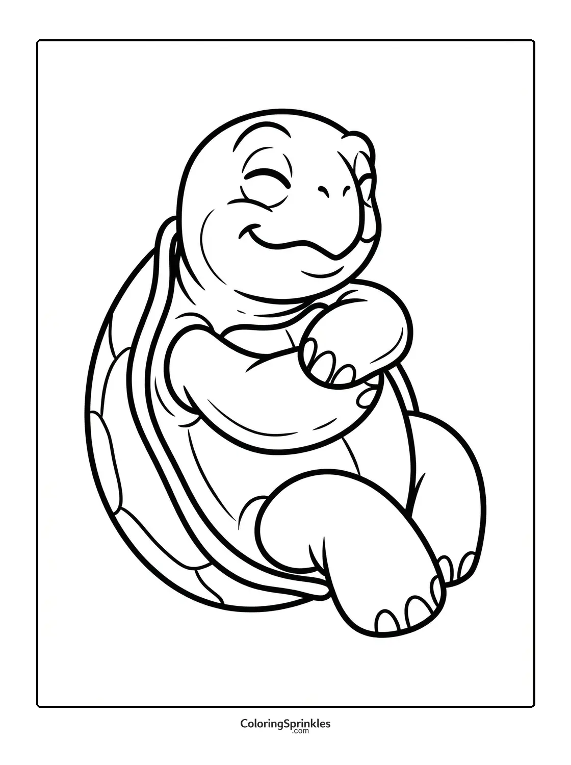 Coloring page of a smiling turtle sitting relaxed