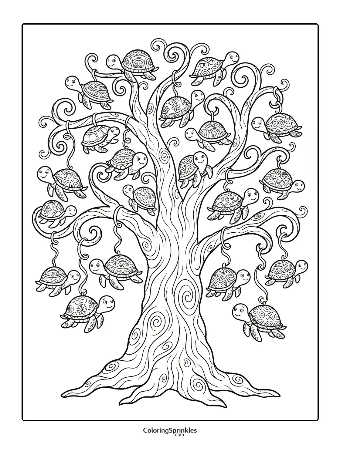 Coloring page of a tree with hanging sea turtles with patterned shells