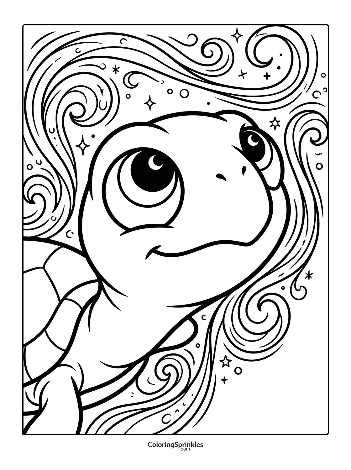 Coloring page of a turtle with big eyes surrounded by swirling lines and stars