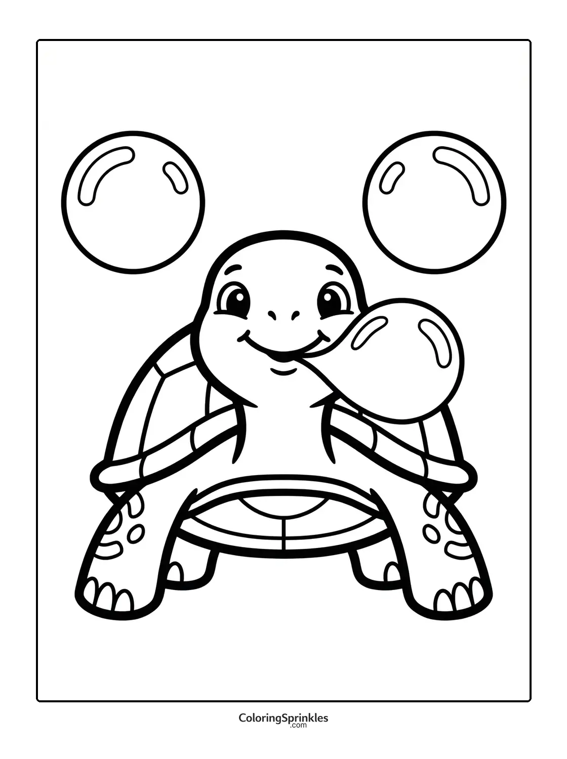 Coloring page of a smiling turtle blowing bubbles
