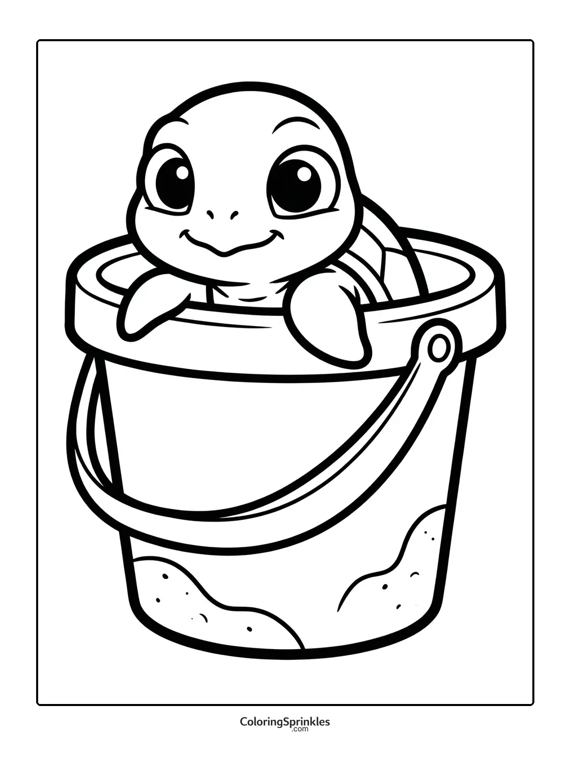 Coloring page of a smiling turtle sitting inside a sand bucket